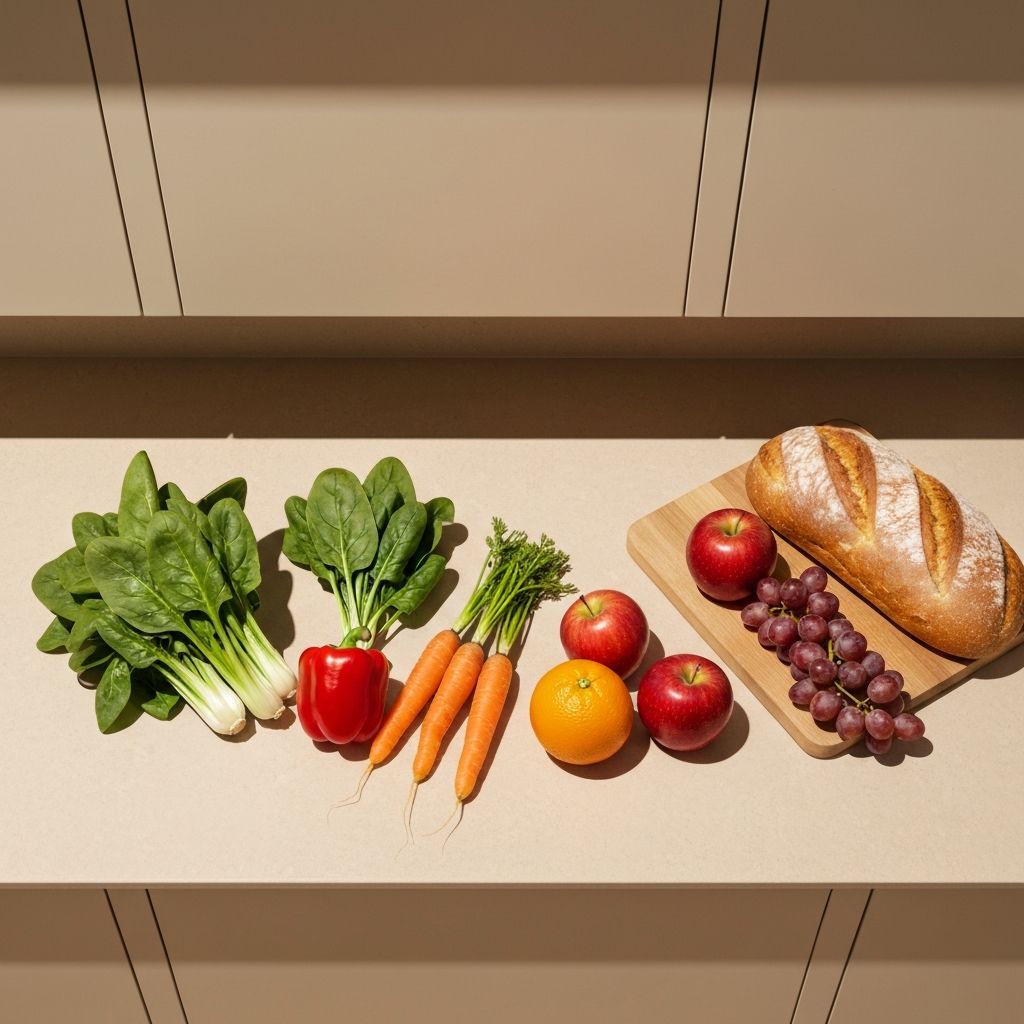 Overview of everyday food items in a kitchen setting