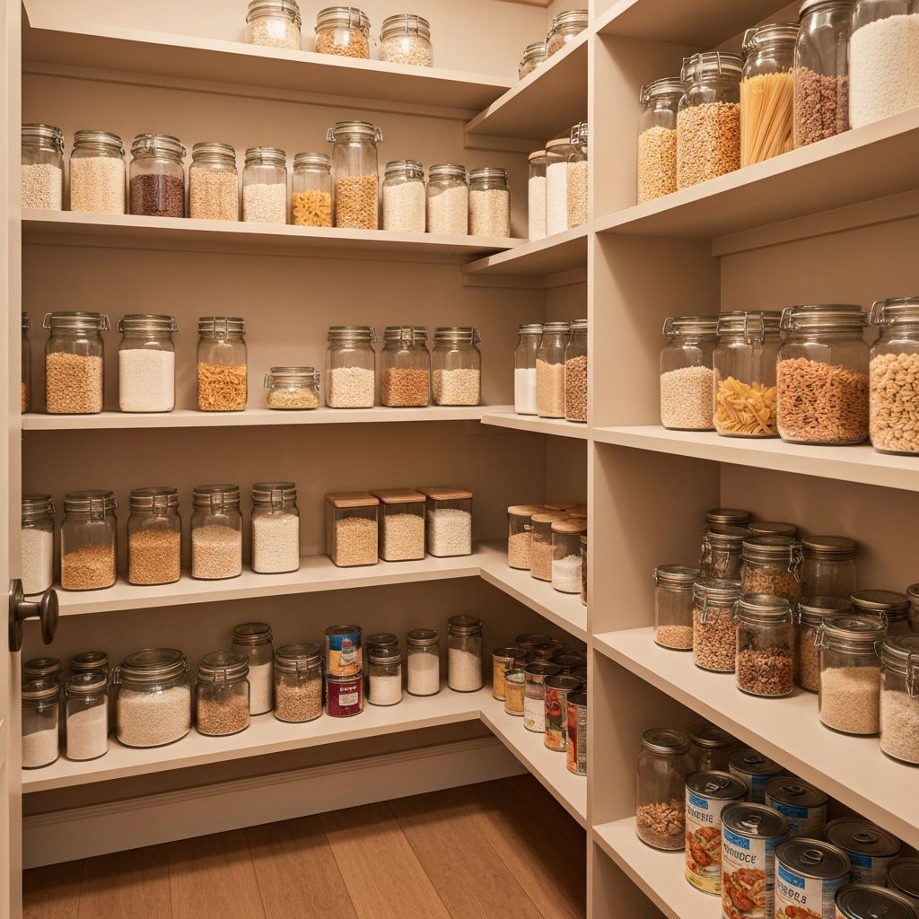 Organised kitchen pantry with stored foods